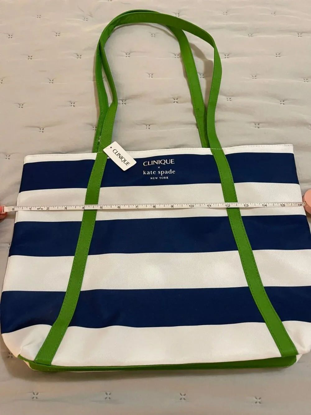 NWT Clinique x Kate Spade New York Navy White Stripe Green Handle Tote Bag